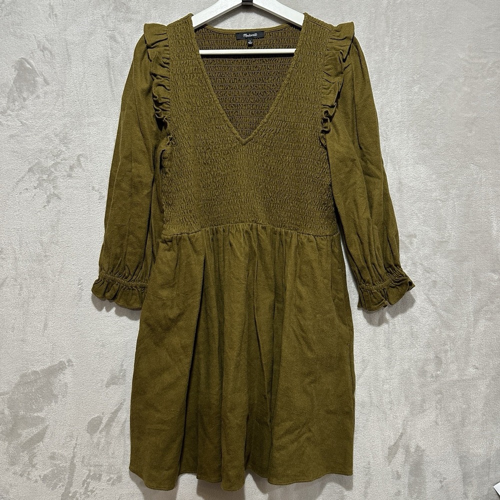 Madewell Flannel Lucie V-Neck Smocked Mini Dress Size M Olive Green Puff Sleeve